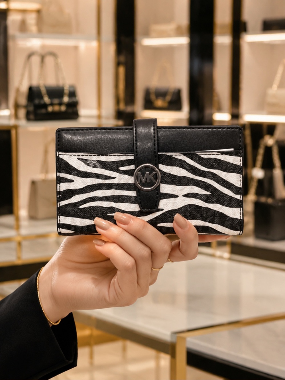Michael Kors Black & White Zebra Print Card Wallet with MK Snap